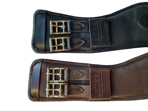 Bliss of London anatomic leather dressage girth - close up of buckles