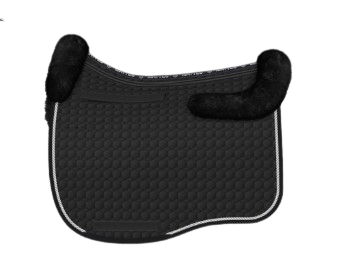EA Mattes in Australia - Eurofit dressage correction sheepskin saddle pad/cloth with pockets and shims - black with silver piping